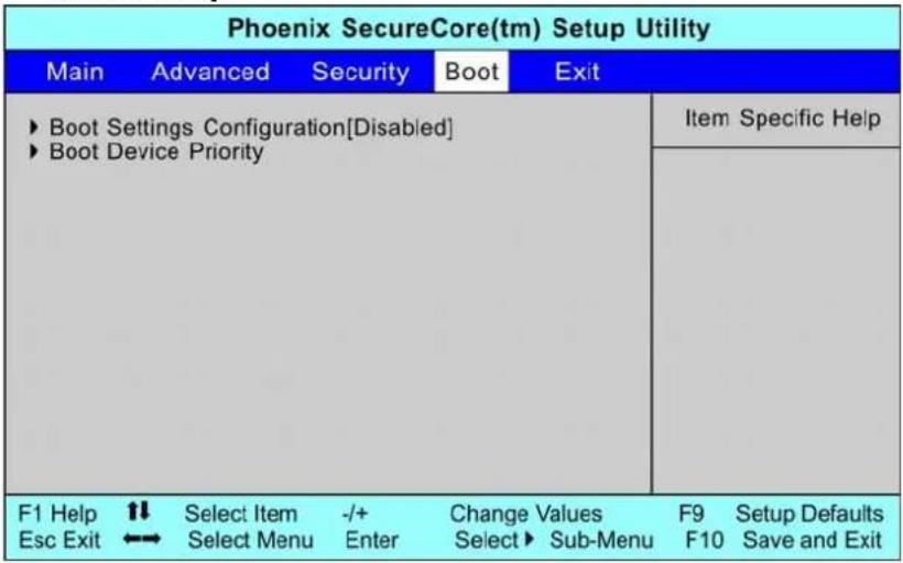 Phoenix SecureCore(tm) Setup Utility Main Advanced Security Boot Exit ► Boot Settings Configuration[Disabled] ► Boot Device Priority Item Specific Help F1 Help ↑ Select Item -/+ Change Values F9 Setup Defaults Esc Exit ←→ Select Menu Enter Select ► Sub-Menu F10 Save and Exit