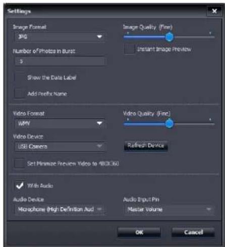 Settings Image Format JPG Number of Photos in Burst 5 Show the Data Label Add Prefix Name Video Format WAV Video Device USB Cameras Set Minimize Preview Video to ARDC360 With Audio Audio Device Microphone (High Definition Aud) Image Quality (Fine) Instant Image Preview Video Quality (Fine) Refresh Device Audio Input Pin Master Volume OK Cancel