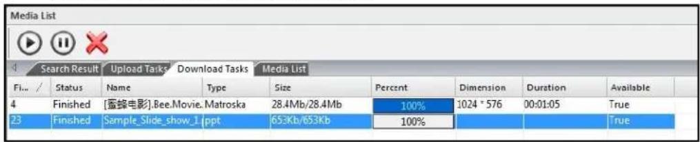 Media List Search Result Upload Tasks Download Tasks Media List Fl... / Status Name Type Size Percent Dimension Duration Available 4 Finished [蜜蜂电影].Bee.Movie.Matroska 28.4Mb/28.4Mb 100% 1024 * 576 00:01:05 True 23 Finished Sample_Slide_show_1.ppt 653Kb/653Kb 100% True