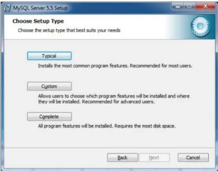 MySQL Server 5.5 Setup Choose Setup Type Choose the setup type that best suits your needs Typical Installs the most common program features. Recommended for most users. Custom Allows users to choose which program features will be installed and where they will be installed. Recommended for advanced u…