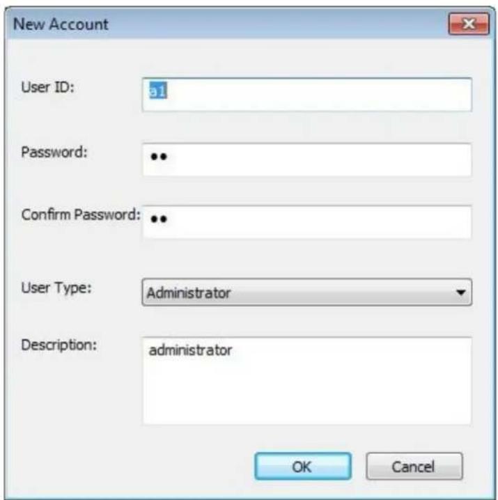 New Account User ID: a1 Password: •• Confirm Password: •• User Type: Administrator Description: administrator OK Cancel