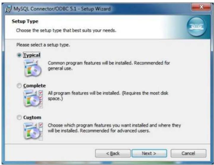 MySQL Connector/ODBC 5.1 - Setup Wizard Setup Type Choose the setup type that best suits your needs. Please select a setup type. Typical Common program features will be installed. Recommended for general use. Complete All program features will be installed. (Requires the most disk space.) Custom Cho…