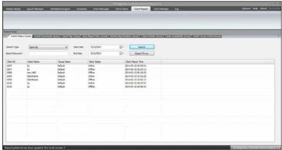 Mid Library Control User Session 3.2 Media Library Layout Manager VariableDesign Software Client Manager Client Report User Manager log Options Help About Summary Start Time Client Status Query Client Status Query Client Report Query Client Report User Survey Query Client Report Query Client Availab…