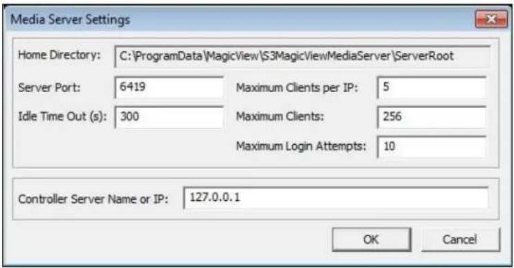 Media Server Settings Home Directory: C:\ProgramData\MagicView\S3MagicViewMediaServer\ServerRoot Server Port: 6419 Maximum Clients per IP: 5 Idle Time Out (s): 300 Maximum Clients: 256 Maximum Login Attempts: 10 Controller Server Name or IP: 127.0.0.1 OK Cancel