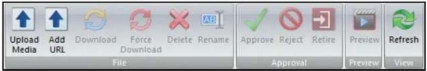 Upload Media Add URL Download Force Download Delete Rename File Approve Reject Retire Preview Refresh Approval Preview View