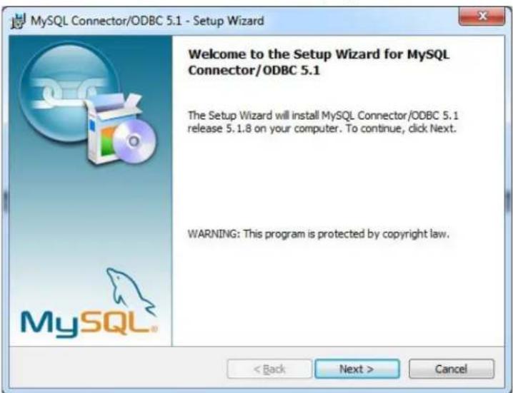 MySQL Connector/ODBC 5.1 - Setup Wizard Welcome to the Setup Wizard for MySQL Connector/ODBC 5.1 The Setup Wizard will install MySQL Connector/ODBC 5.1 release 5.1.8 on your computer. To continue, click Next. WARNING: This program is protected by copyright law. < Back Next > Cancel