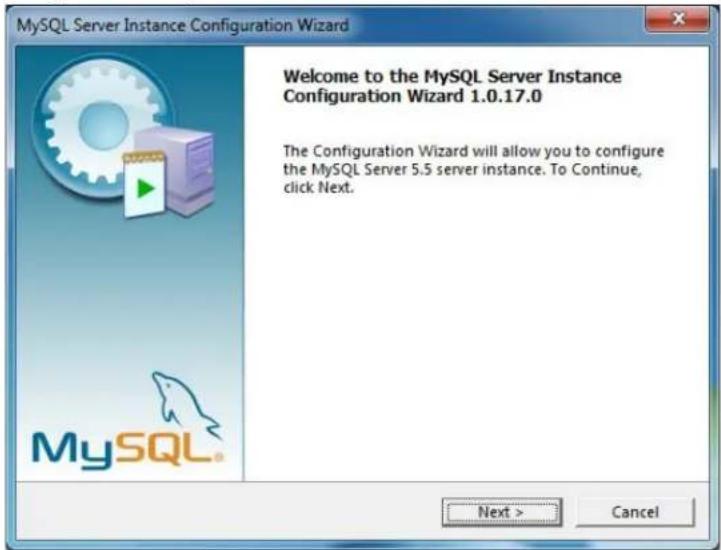 MySQL Server Instance Configuration Wizard Welcome to the MySQL Server Instance Configuration Wizard 1.0.17.0 The Configuration Wizard will allow you to configure the MySQL Server 5.5 server instance. To Continue, click Next. Next > Cancel