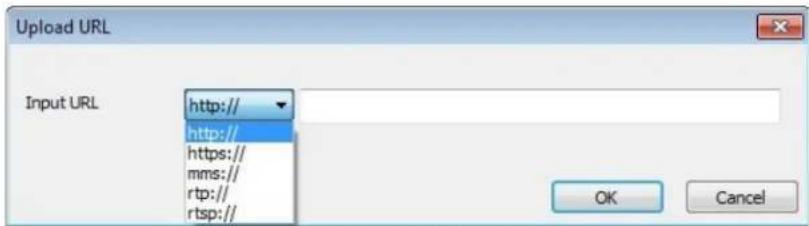 Upload URL Input URL http:// http:// https:// mms:// rtp:// rtsp:// OK Cancel
