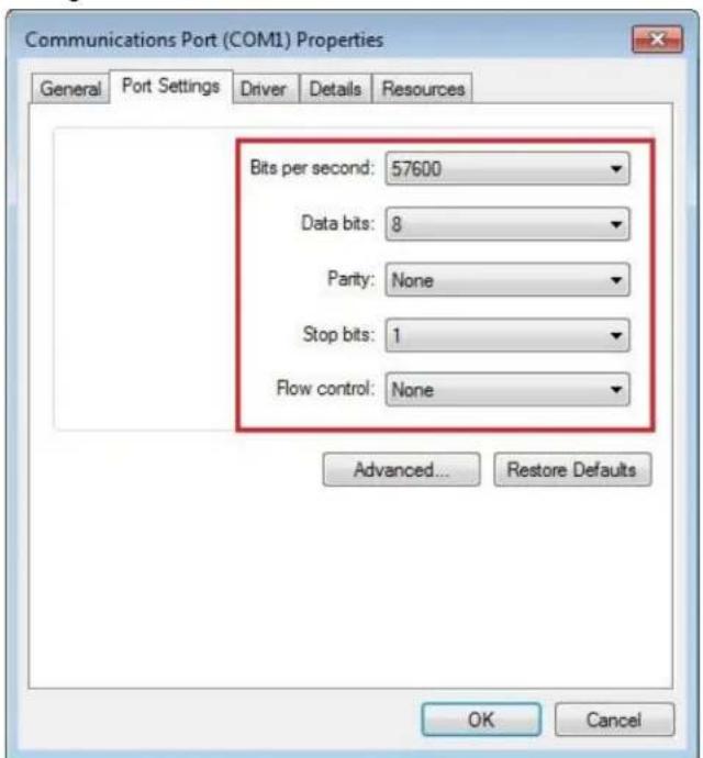 Communications Port (COM1) Properties General Port Settings Driver Details Resources Bits per second: 57600 Data bits: 8 Parity: None Stop bits: 1 Flow control: None Advanced... Restore Defaults OK Cancel