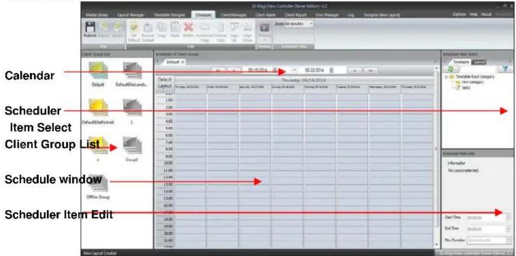 SI Magic Tree Controller (Sensin Edition) - 3.2 Calendar Scheduler Item Select Client Group List Schedule window Scheduler Item Edit Start Time: 00:00:00 End Time: 00:00:00 Play Duration: 12 months