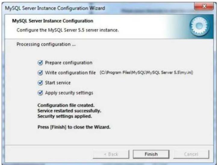 MySQL Server Instance Configuration Wizard Configure the MySQL Server 5.5 server instance. Processing configuration ... ✓ Prepare configuration ✓ Write configuration file (C:\Program Files\MySQL\MySQL Server 5.5\my.ini) ✓ Start service ✓ Apply security settings Configuration file created. Service re…
