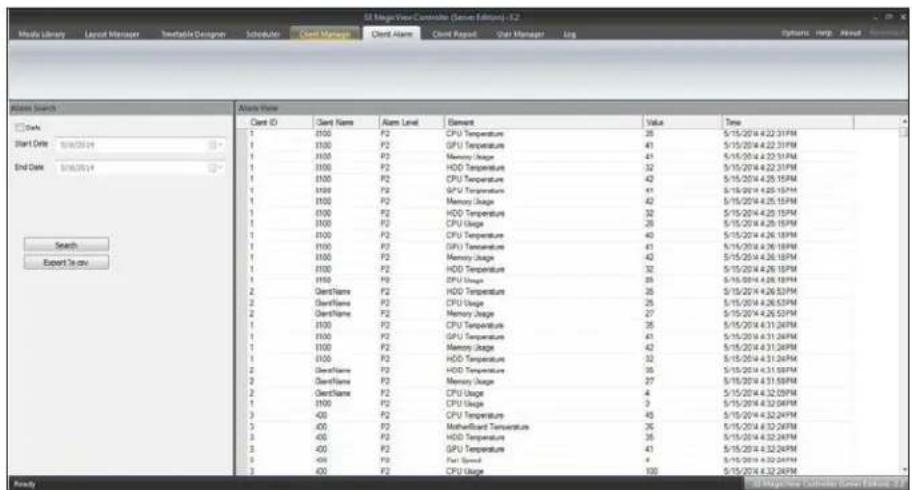 SI Logic/View Controller (Service Edition) - 1.2 Media Library Layout Manager Toggle Designer Schedule Client Manager Client Address Goal Manager Log Options Help About Summary Balance Search Start Date Start Date End Date End Date Search Export To say Alert Name Client ID Client Name Alarm Level El…