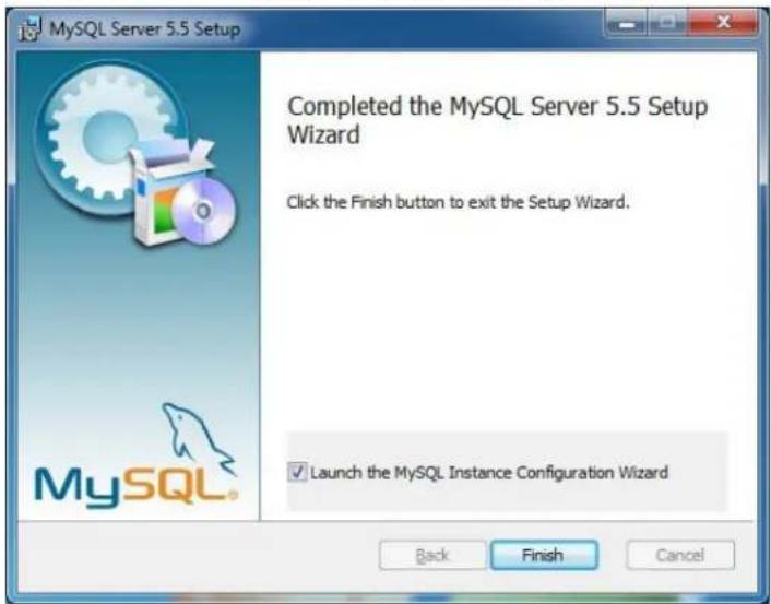 MySQL Server 5.5 Setup Completed the MySQL Server 5.5 Setup Wizard Click the Finish button to exit the Setup Wizard. ✓ Launch the MySQL Instance Configuration Wizard Back Finish Cancel