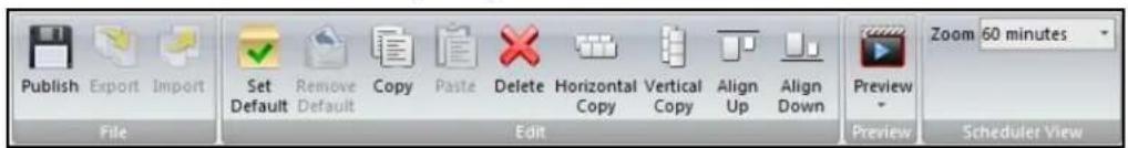 Publish Export Import Set Remove Copy Paste Delete Horizontal Vertical Align Align Default Default Copy Copy Up Down Edit Preview Zoom 60 minutes File Preview Scheduler View