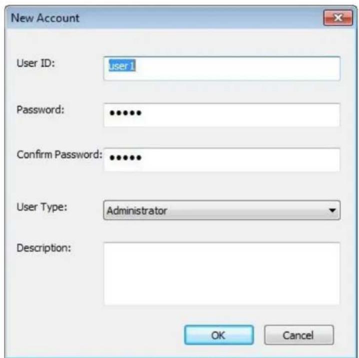 New Account User ID: user1 Password: •••••• Confirm Password: •••••• User Type: Administrator Description: OK Cancel