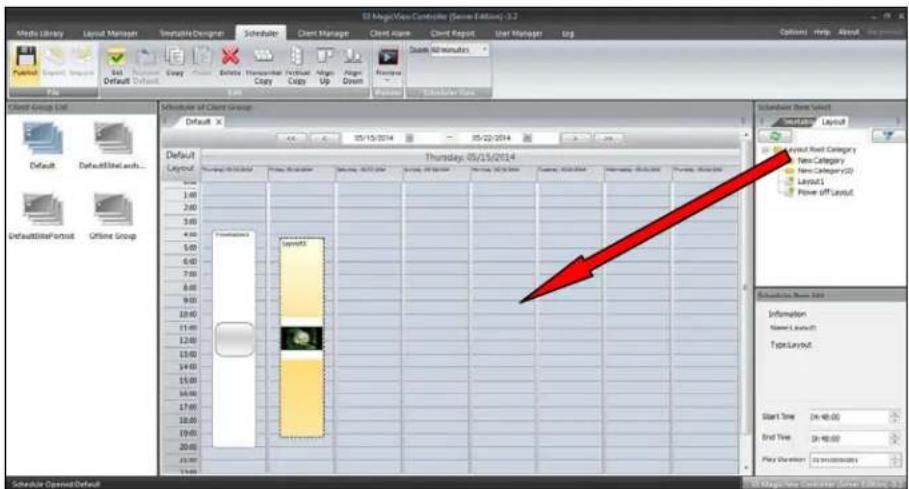 Screenshot of Edge MusicView Controller interface showing client group setup with layout panel and a red arrow pointing to a data table.