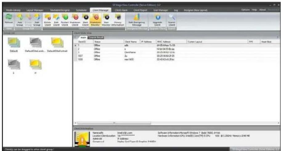 SP MagicView Controller (Server Edition) 3.2 Media Library Layout Manager Setable Designers Schedule Client Manager Client Name Client Report User Manager Log Engrigent New Layer(4) Options Help About Description Network Add Group Edit Group Prints Client Edit Client Report Client Shutdown Client Sh…