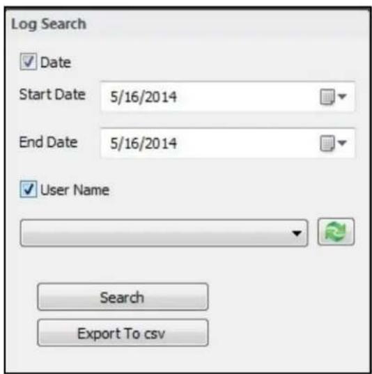 Log Search ✓ Date Start Date 5/16/2014 End Date 5/16/2014 ✓ User Name Search Export To csv
