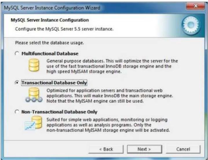 MySQL Server Instance Configuration Wizard Configure the MySQL Server 5.5 server instance. Please select the database usage. ○ Multifunctional Database General purpose databases. This will optimize the server for the use of the fast transactional InnoDB storage engine and the high speed MyISAM stora…