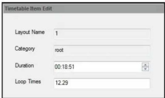 Timetable Item Edit Layout Name 1 Category root Duration 00:18:51 Loop Times 12.29
