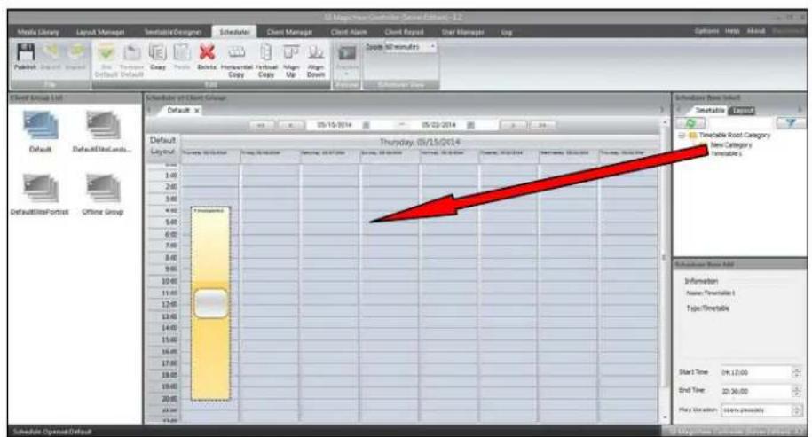 52 Magellan Controller Server Editor: 12 Media Library Layout Manager TemporaryDesigne Schedules Client Manager Client Analyst User Manager Log Options Help About Software Publish Default Settings Copy Tools Delete Horizontal Format Align Align Down Squeeze All minutes File Edit View Insert View Hel…