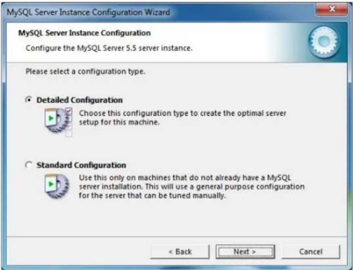 MySQL Server Instance Configuration Wizard Configure the MySQL Server 5.5 server instance. Please select a configuration type. Detailed Configuration Choose this configuration type to create the optimal server setup for this machine. Standard Configuration Use this only on machines that do not alrea…