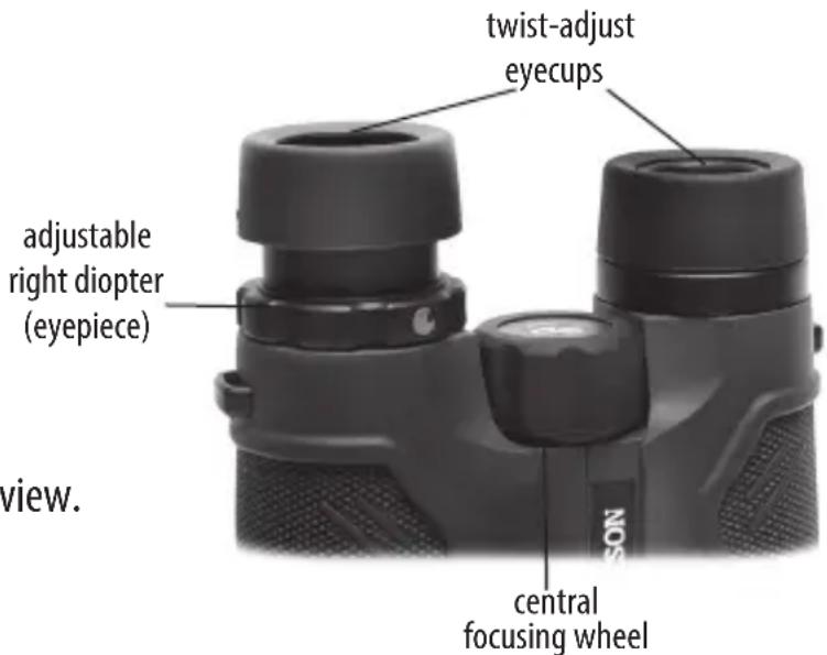 twist-adjust eyecups adjustable right diopter (eyepiece) view. central focusing wheel