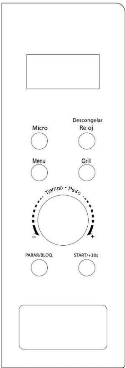 Micro Descongelar Reloj Menu Grill Tiempo · Peso PARAR/BLOQ. START/+30s