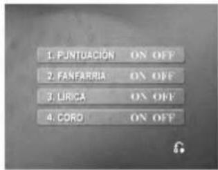 1. PUNTUACIÓN ON OFF 2. FANFARRIA ON OFF 3. LIRICA ON OFF 4. CORD ON OFF