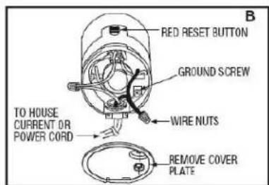 B RED RESET BUTTON GROUND SCREW WIRE NUTS TO HOUSE CURRENT OR POWER CORD REMOVE COVER PLATE