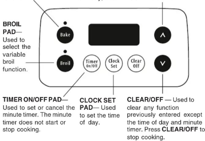 BROIL PAD— Used to select the variable broil function. Bake Broil Timer On/Off PAD— Used to set or cancel the minute timer. The minute timer does not start or stop cooking. CLOCK SET PAD— Used to set the time of day. CLEAR/OFF — Used to clear any function previously entered except the time of day and minute timer. Press CLEAR/OFF to stop cooking.