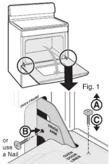 Fig. 1 OVEN FRAME HINGE ARM or use a Nail A B C OVEN DOOR LAYER