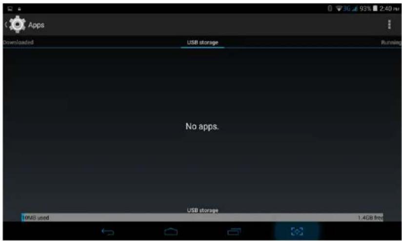 Apps Downloaded USB storage Running No apps. USB storage 10MB used 1.4GB free