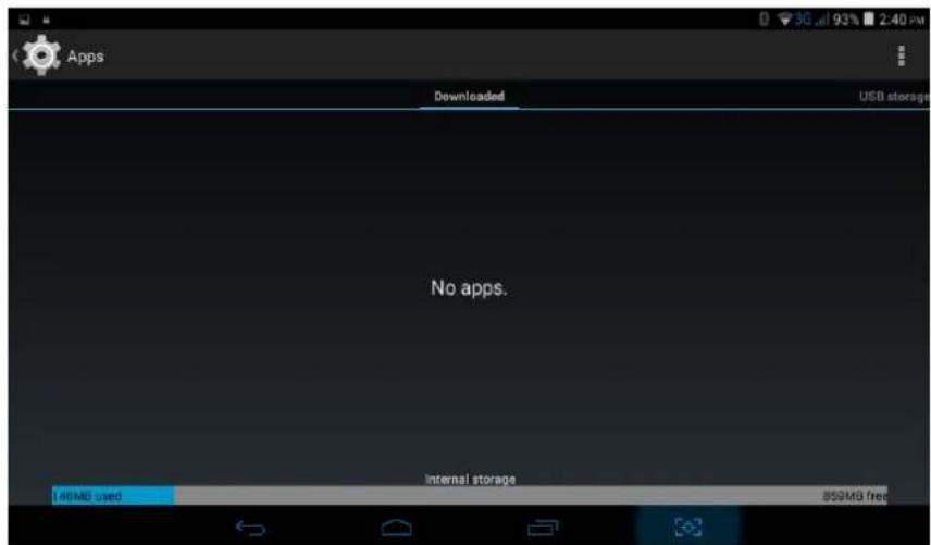 Apps Downloaded USB storage No apps. Internal storage 40MB used 859MB free