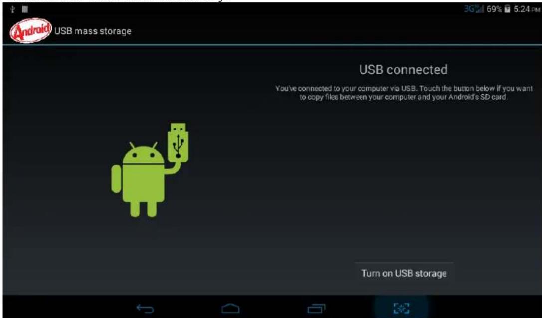 Android USB mass storage USB connected You've connected to your computer via USB. Touch the button below if you want to copy files between your computer and your Android's SD card. Turn on USB storage