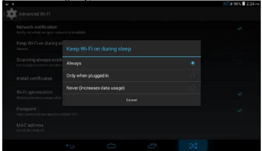 Advanced Wi-Fi Network notification Notify me when an open network is available Keep Wi-Fi on during sleep Always Scanning always availa Let Google's location service a Install certificates Wi-Fi optimization Minimize battery usage when Keep Wi-Fi on during sleep Always Only when plugged in Never (i…