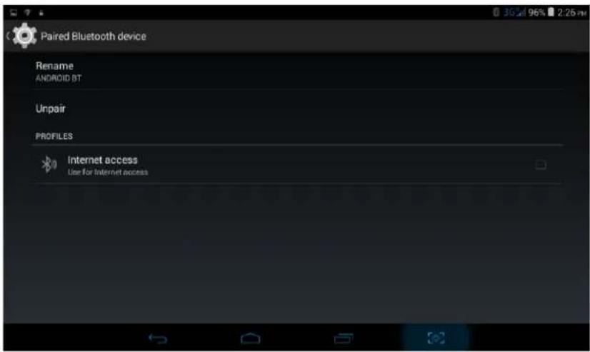 Paired Bluetooth device Rename ANDROID BT Unpair PROFILES Internet access Use for Internet access