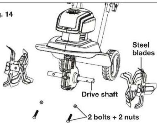 14 Steel blades Drive shaft 2 bolts + 2 nuts