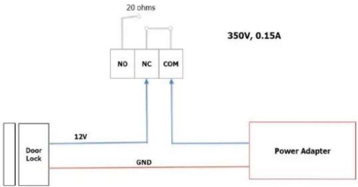 graph TD A["Door Lock"] -->|12V| B["Power Adapter"] B -->|GND| A C["NO"] -->|20 ohms| D["350V, 0.15A"] E["NC"] -->|20 ohms| D F["COM"] -->|20 ohms| D