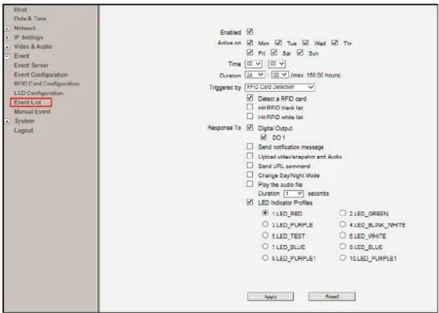 Host Date & Time Network IF Settings Video & Audio Event Event Server Event Configuration RFID Card Configuration LED Configuration Event List Manual Event System Logout Enabled ✓ Active on ✓ Mon ✓ Tue ✓ Wed ✓ Tyr ✓ Fill ✓ Sat ✓ Sun Time 00 ✓ 00 ✓ Duration 24 ✓ 30 ✓ (max. 168.00 hours) Triggered by…