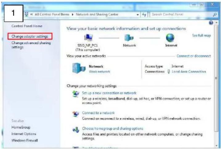 1 All Control Panel Items ▶ Network and Sharing Center ▶ Search Control Panel Control Panel Home Change adapter settings Change advanced sharing settings View your basic network information and set up connections SISO_NP_PCI (This computer) Network Internet See full map View your active networks Con…