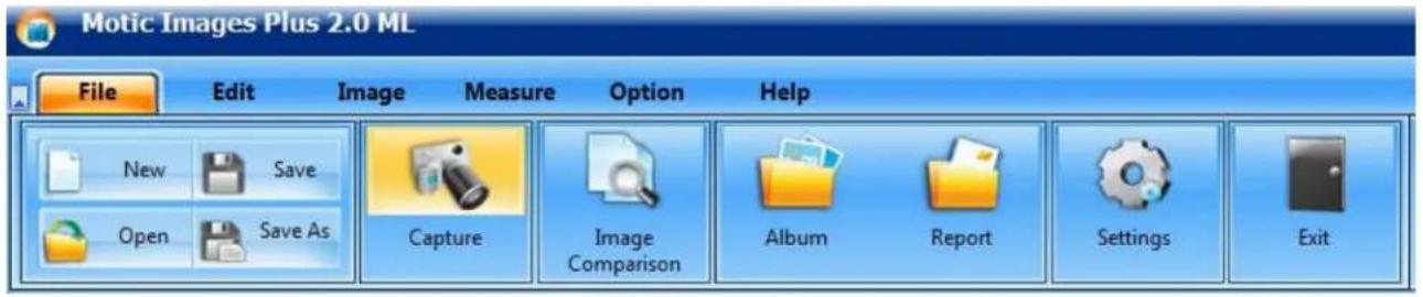 Motic Images Plus 2.0 ML File Edit Image Measure Option Help New Save Open Save As Capture Image Comparison Album Report Settings Exit