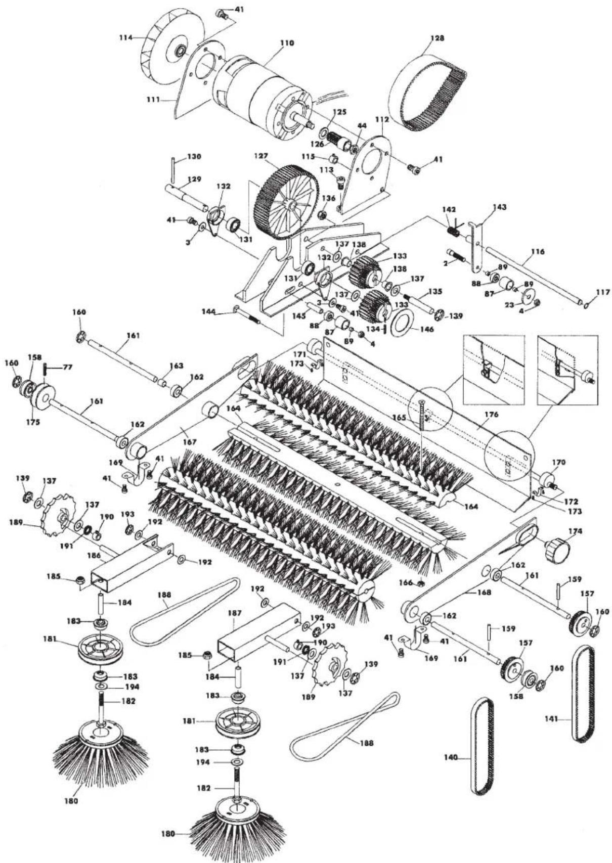 Technical diagram of a mechanical cleaning or cleaning device with numbered components and exploded view