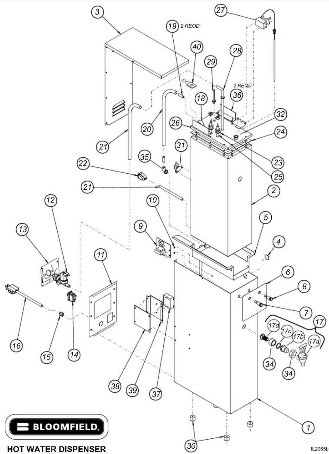 BLOOMFIELD. HOT WATER DISPENSER 1 2 REQD 3 19 40 27 28 26 36 29 18 27 24 32 24 23 25 2 2 5 4 6 8 7 17d 17c 17b 17a 34 34 30 38 39 37 38 39 37 16 15 14 13 12 11 9 21 22 21 35 20 21 BLOOMFIELD. IL2065b