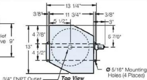 3/8" 13 1/4" 11 3/4" 3/8" 5 1/2" 3" 4 7/8" 13" 4 1/2" 5 7/8" Ø 5/16" Mounting Holes (4 Places) 3/4" FNPT Outlet Top View