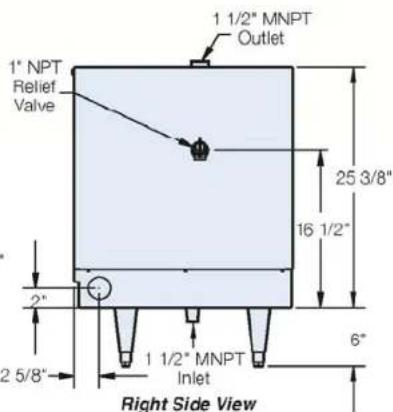 1 1/2" MNPT Outlet 1" NPT Relief Valve 25 3/8" 16 1/2" 2" 2 5/8" 1 1/2" MNPT Inlet 6" Right Side View