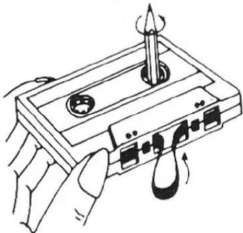 Line drawing of a cassette tape with a hand holding the case and a screwdriver inserted, showing motion arrows (no text or symbols)