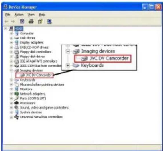 Device Manager File Action View Help PAMS Computer Disk drives Display adapters CAD/CD-ROM drives Playy disk controllers Playy disk drivers IDE ATA/ATAPJ controllers IEEE L294 Plus host controller Imaging devices JVC DV Camcorder Keyboards Imaging devices JVC DV Camcorder Keyboards Mice and other po…