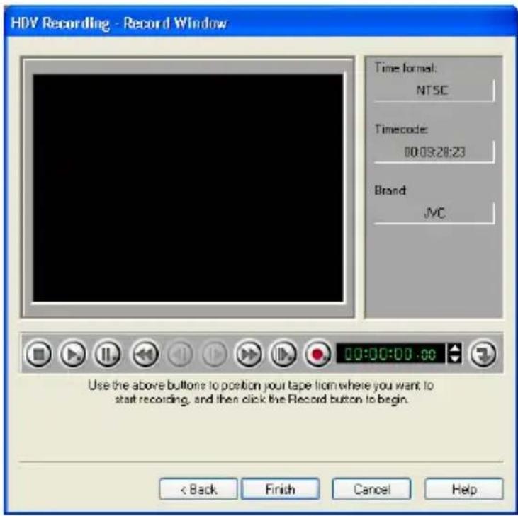HDY Recording - Record Window Time format: NTSC Timecode: 00:09:28:23 Brand: JMC Use the above buttons to position your tape from where you want to start recording, and then click the Record button to begin. < Back Finish Cancel Help