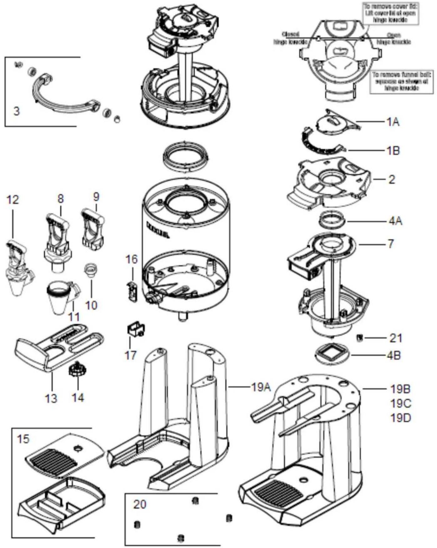 Exploded view diagram of a cleaning device with numbered parts and Chinese annotations for component identification.